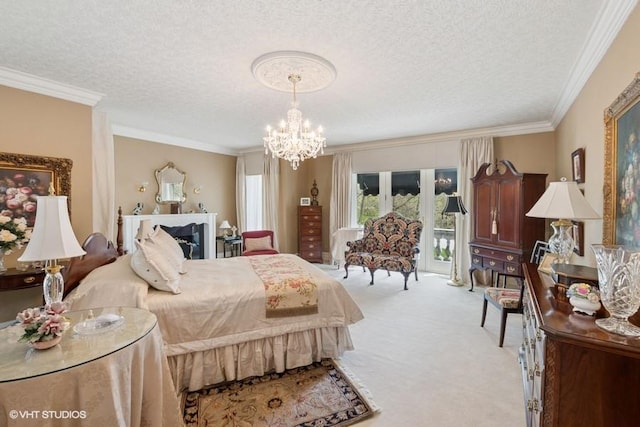 bedroom with crown molding, light colored carpet, a textured ceiling, and a notable chandelier