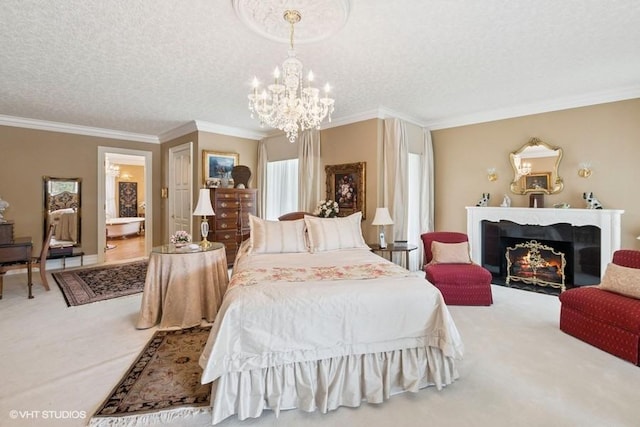bedroom featuring carpet flooring, a textured ceiling, an inviting chandelier, and ornamental molding