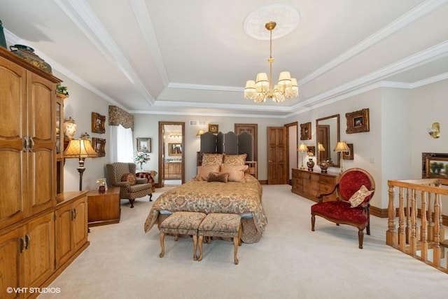 bedroom with light colored carpet, ornamental molding, a tray ceiling, and a chandelier