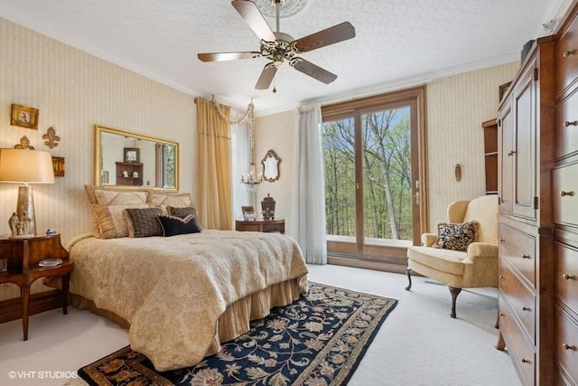 bedroom with crown molding, carpet, and wallpapered walls