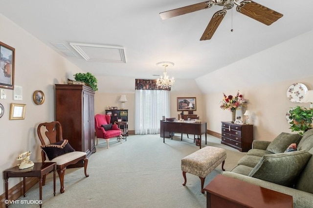 interior space featuring ceiling fan and light carpet