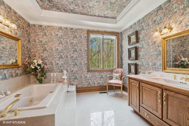 821 Chatfield Rd, New Lenox, IL 60451 - bathroom featuring crown molding, a jetted tub, vanity, wallpapered walls, and a tray ceiling