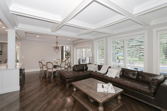 67 Katrina Ln, Sleepy Hollow, IL 60118 - living area featuring wood finished floors, coffered ceiling, baseboards, ornate columns, and beam ceiling