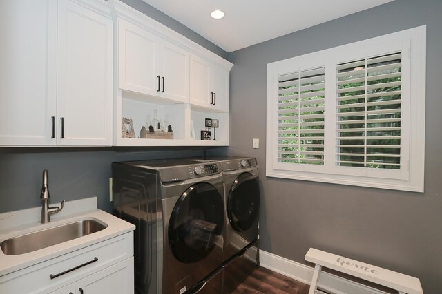 67 Katrina Ln, Sleepy Hollow, IL 60118 - washroom featuring separate washer and dryer, cabinet space, baseboards, dark wood-style flooring, and recessed lighting