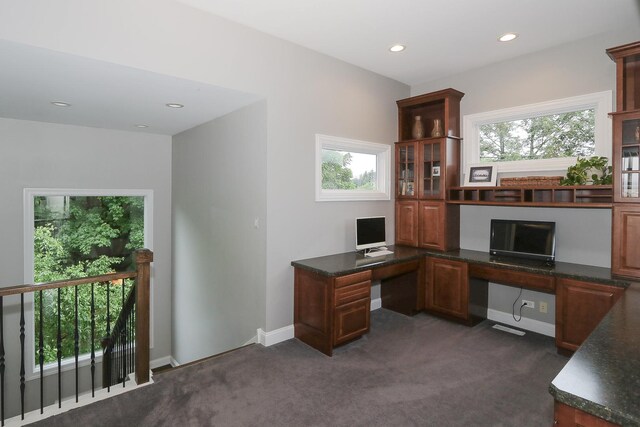 67 Katrina Ln, Sleepy Hollow, IL 60118 - office area with built in desk, dark colored carpet, recessed lighting, and baseboards