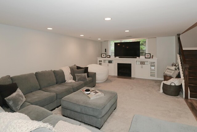 67 Katrina Ln, Sleepy Hollow, IL 60118 - living room featuring stairway, recessed lighting, a fireplace with flush hearth, and light carpet