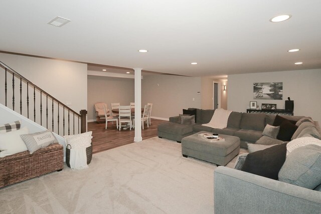 67 Katrina Ln, Sleepy Hollow, IL 60118 - living room with recessed lighting, stairway, wood finished floors, and baseboards