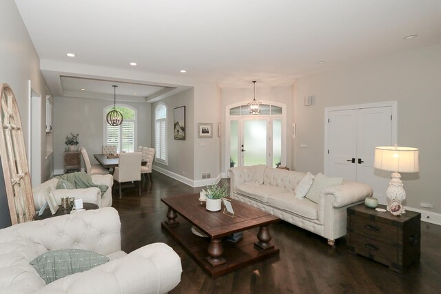 67 Katrina Ln, Sleepy Hollow, IL 60118 - living room featuring wood finished floors, a chandelier, baseboards, and recessed lighting