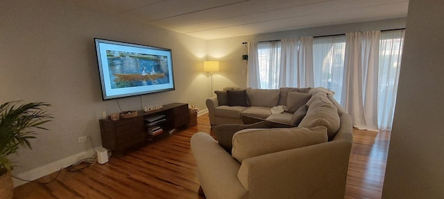 living room with baseboards and wood finished floors