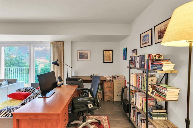 office with dark wood-style flooring and plenty of natural light