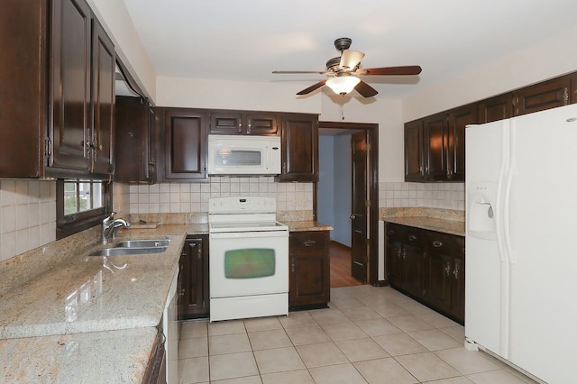 202 Heath Ct, Barrington, IL 60010 - kitchen with dark brown cabinets, ceiling fan, a sink, white appliances, and tasteful backsplash