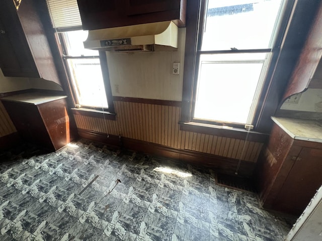 801 S Warren St, Peoria, IL 61605 - kitchen featuring healthy amount of natural light, wainscoting, wooden walls, and range hood