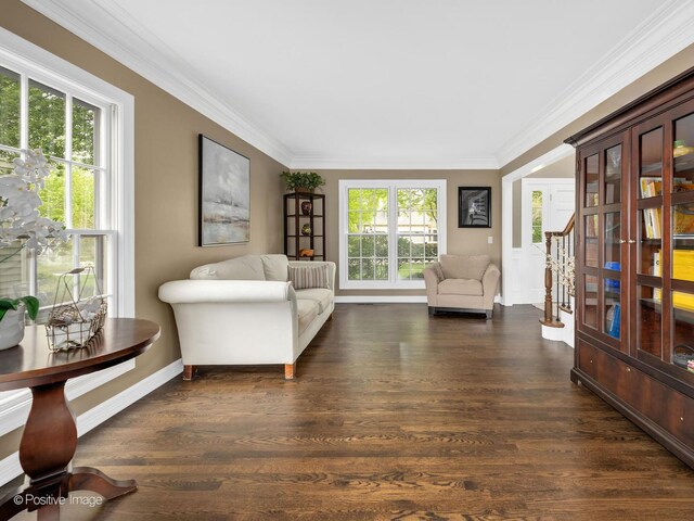 1301 Hawkins Ct, Saint Charles, IL 60174 - sitting room featuring crown molding, dark wood-style flooring, and baseboards