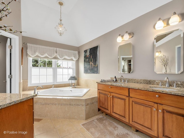 1301 Hawkins Ct, Saint Charles, IL 60174 - full bathroom with a sink, tile patterned flooring, lofted ceiling, and a garden tub
