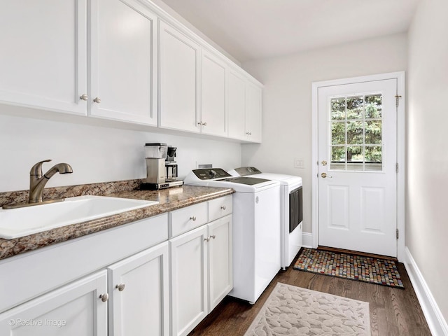 1301 Hawkins Ct, Saint Charles, IL 60174 - clothes washing area with a sink, washer and clothes dryer, dark wood-style flooring, and cabinet space