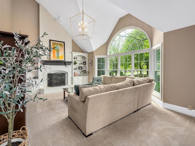 1301 Hawkins Ct, Saint Charles, IL 60174 - living area with carpet, built in shelves, a fireplace, an inviting chandelier, and baseboards