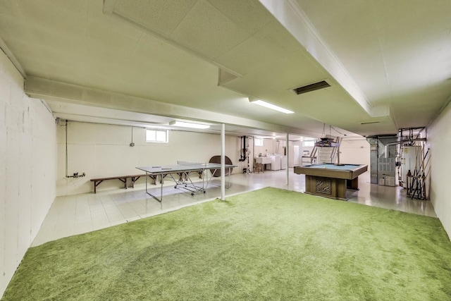 basement with billiards, separate washer and dryer, a sink, and carpet floors