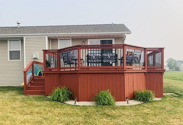 753 Golden Prairie Dr, Davis Junction, IL 61020 - back of house with a wooden deck, a yard, a shingled roof, and stairway