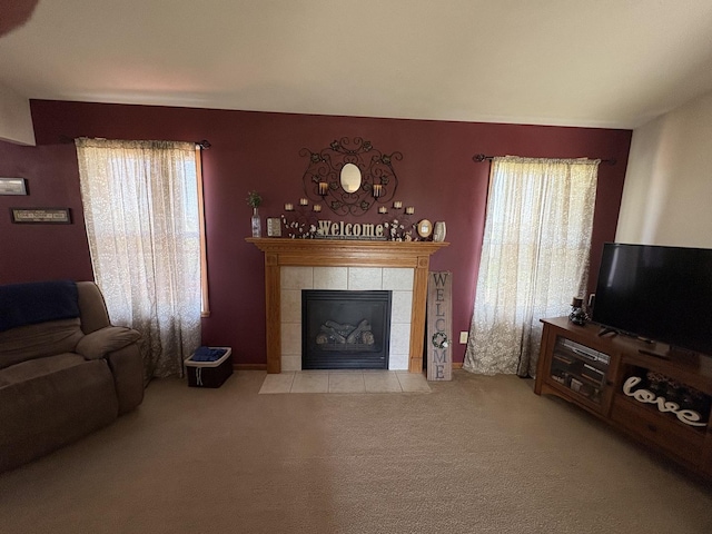 753 Golden Prairie Dr, Davis Junction, IL 61020 - carpeted living area featuring a tiled fireplace