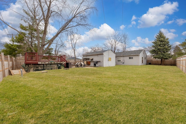 view of yard featuring a fenced backyard and a wooden deck