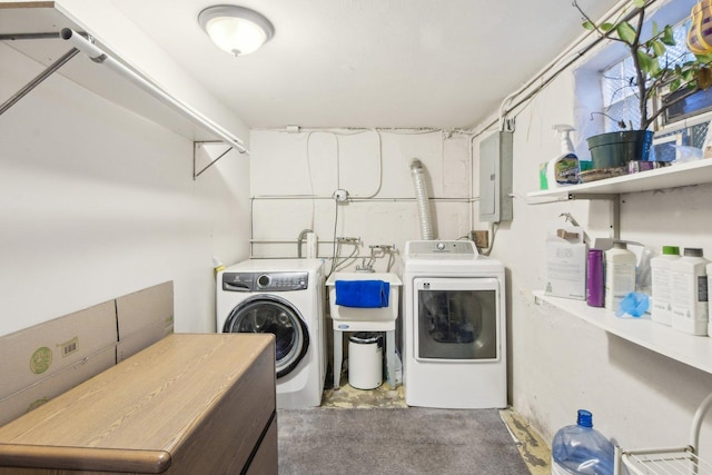 washroom with electric panel, laundry area, and washer and dryer