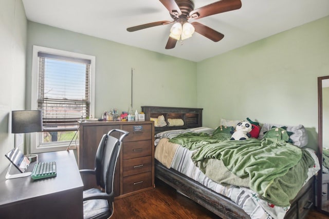 bedroom featuring ceiling fan, dark wood-style floors, and multiple windows