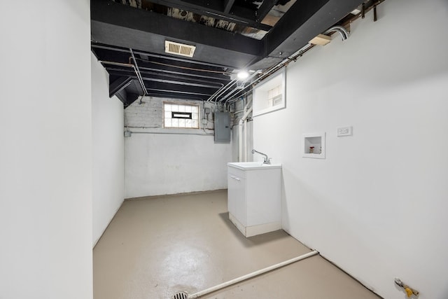below grade area with visible vents, a sink, and electric panel