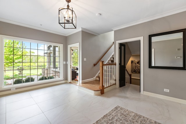 2S546 Heaton Dr, Batavia, IL 60510 - foyer featuring baseboards, stairs, a chandelier, ornamental molding, and marble look tiles