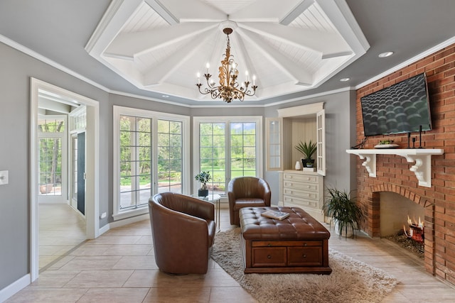 2S546 Heaton Dr, Batavia, IL 60510 - living room with a chandelier, a fireplace, baseboards, beam ceiling, and light tile patterned flooring