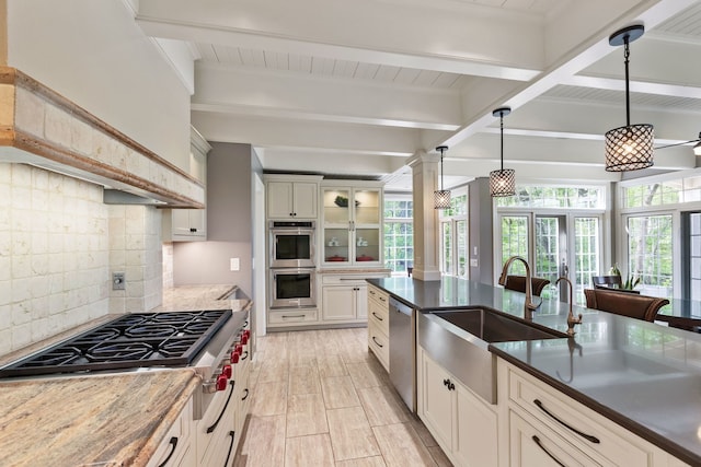 2S546 Heaton Dr, Batavia, IL 60510 - kitchen with stainless steel appliances, a sink, beam ceiling, decorative backsplash, and hanging light fixtures
