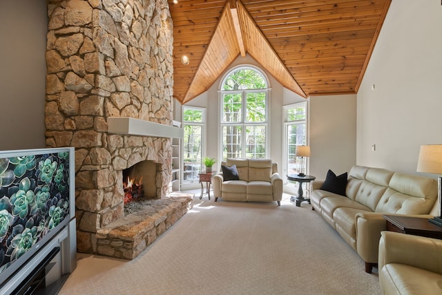 2S546 Heaton Dr, Batavia, IL 60510 - living area featuring a stone fireplace, wooden ceiling, lofted ceiling, and carpet floors