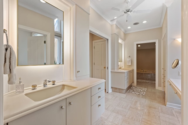 2S546 Heaton Dr, Batavia, IL 60510 - bathroom featuring crown molding, ceiling fan, two vanities, baseboards, and recessed lighting