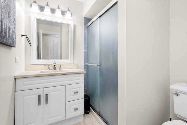 full bath featuring toilet, a shower stall, and vanity