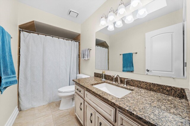 full bath with toilet, vanity, tile patterned flooring, and a shower with shower curtain