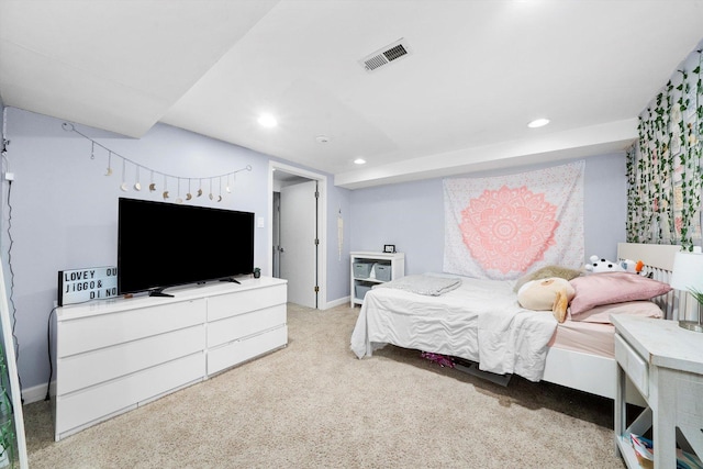 bedroom with recessed lighting, carpet floors, and baseboards