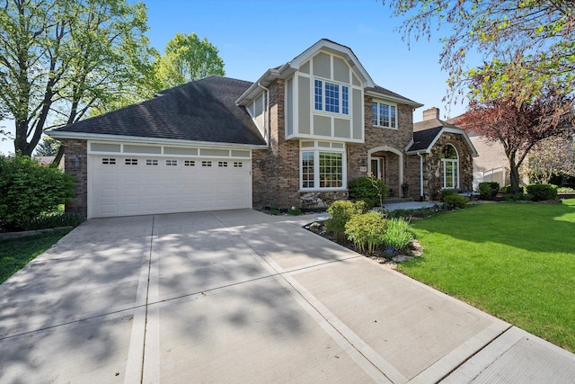 tudor-style house featuring driveway, a front yard, and an attached garage