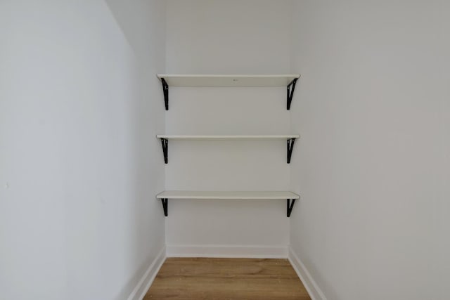walk in closet with light wood-style floors