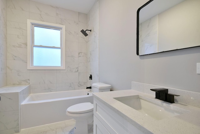 bathroom featuring vanity, marble finish floor, bathtub / shower combination, and toilet