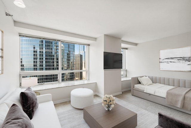living room featuring baseboards and light carpet