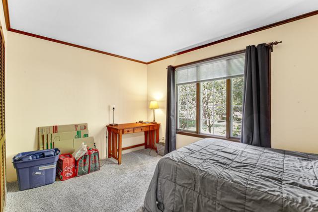 carpeted bedroom featuring ornamental molding