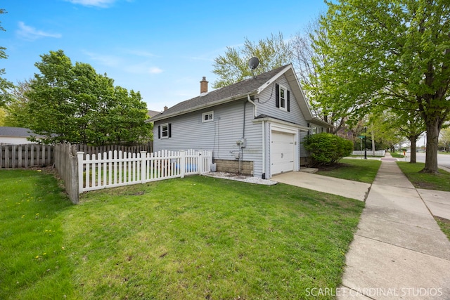view of property exterior featuring a lawn, an attached garage, fence, and a chimney