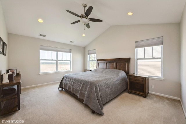 bedroom with baseboards, vaulted ceiling, recessed lighting, and visible vents