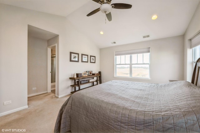 carpeted bedroom featuring visible vents, recessed lighting, baseboards, and lofted ceiling