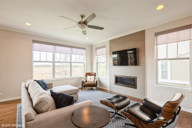 living room with baseboards, a ceiling fan, wood finished floors, and a fireplace