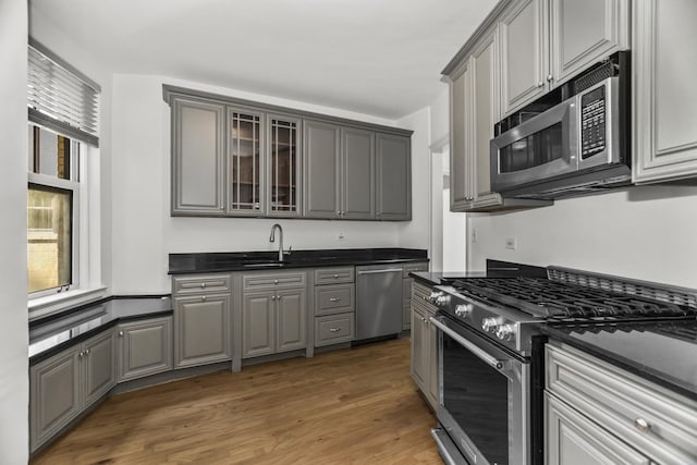 3300 N Lake Shore Dr Unit 12B, Chicago, IL 60657 - kitchen featuring stainless steel appliances, gray cabinets, dark countertops, wood finished floors, and glass insert cabinets