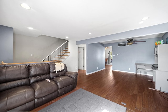 114 Pilgrim Ct, Bolingbrook, IL 60440 - living room with stairs, recessed lighting, wood finished floors, ceiling fan, and baseboards