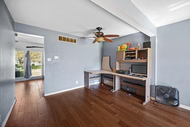 114 Pilgrim Ct, Bolingbrook, IL 60440 - unfurnished office featuring hardwood / wood-style floors, ceiling fan, baseboards, and built in study area