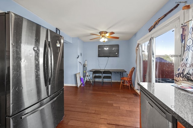 114 Pilgrim Ct, Bolingbrook, IL 60440 - kitchen with freestanding refrigerator, a ceiling fan, and dark wood-style floors