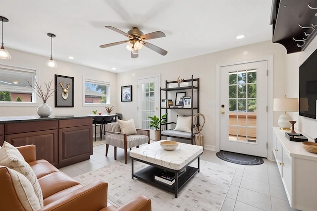 8712 N Central Ave, Morton Grove, IL 60053 - living area with light tile patterned flooring, ceiling fan, and recessed lighting