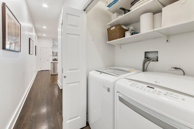 laundry room with washer and dryer, laundry area, recessed lighting, baseboards, and dark wood-style floors